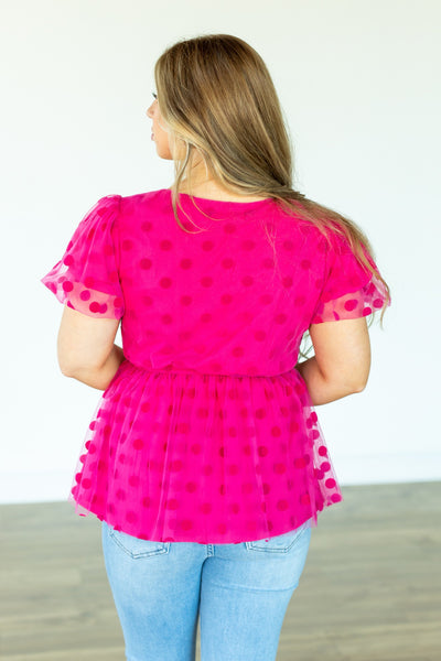 Polka Dot Mesh Peplum Blouse