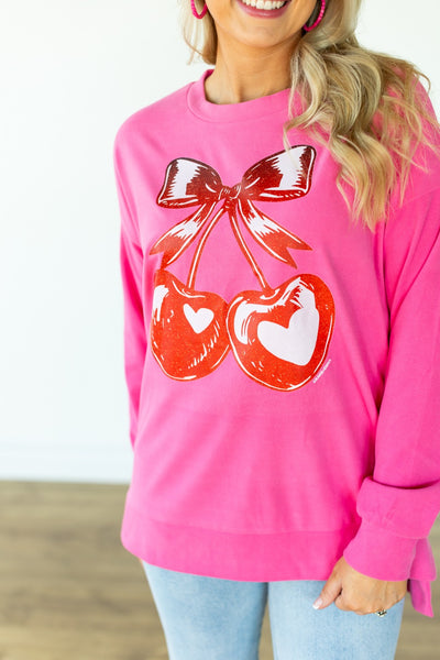 Heart Cherries on Pink Sweatshirt