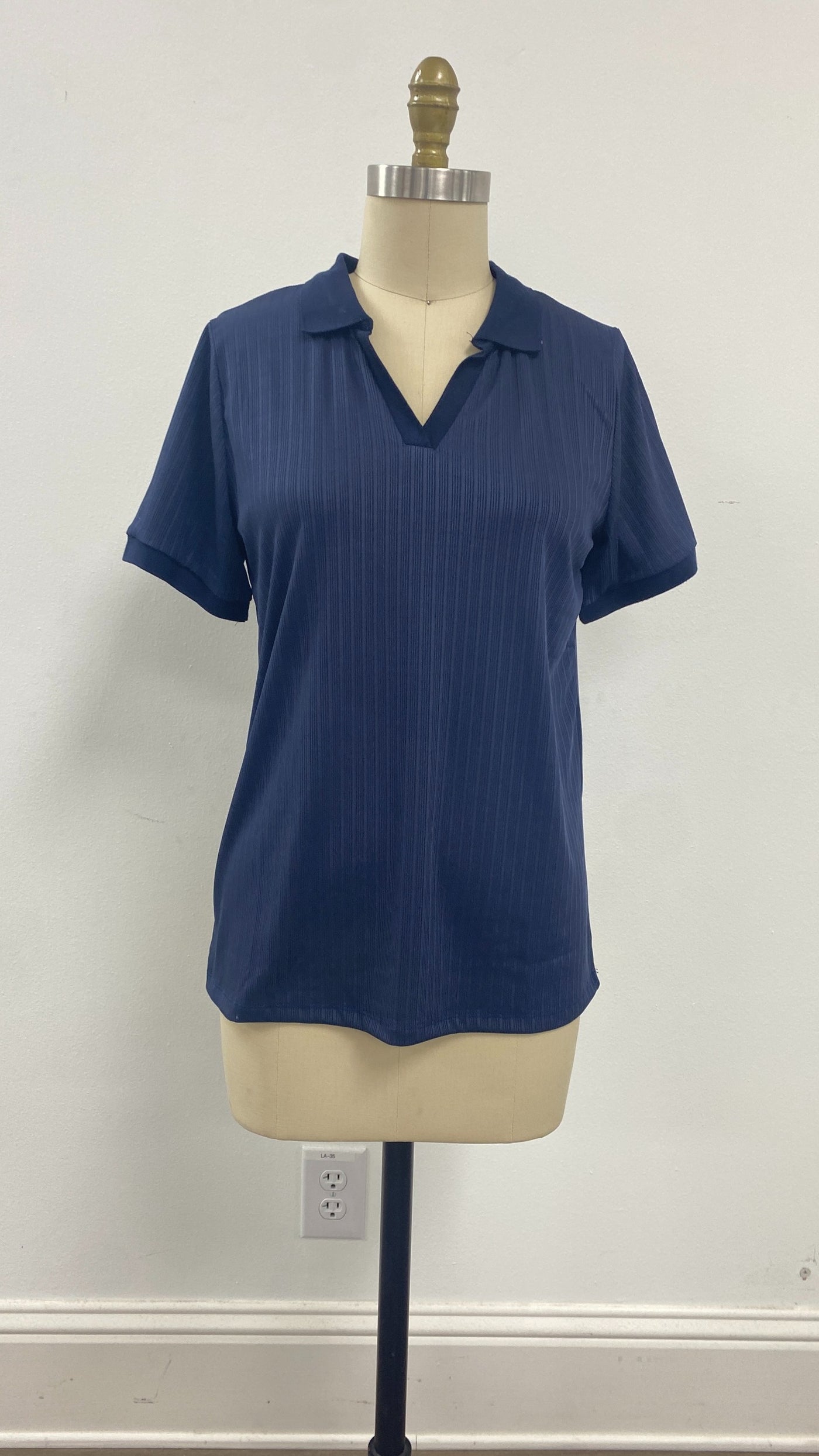 Rib Knit Polo Top, Navy Blue