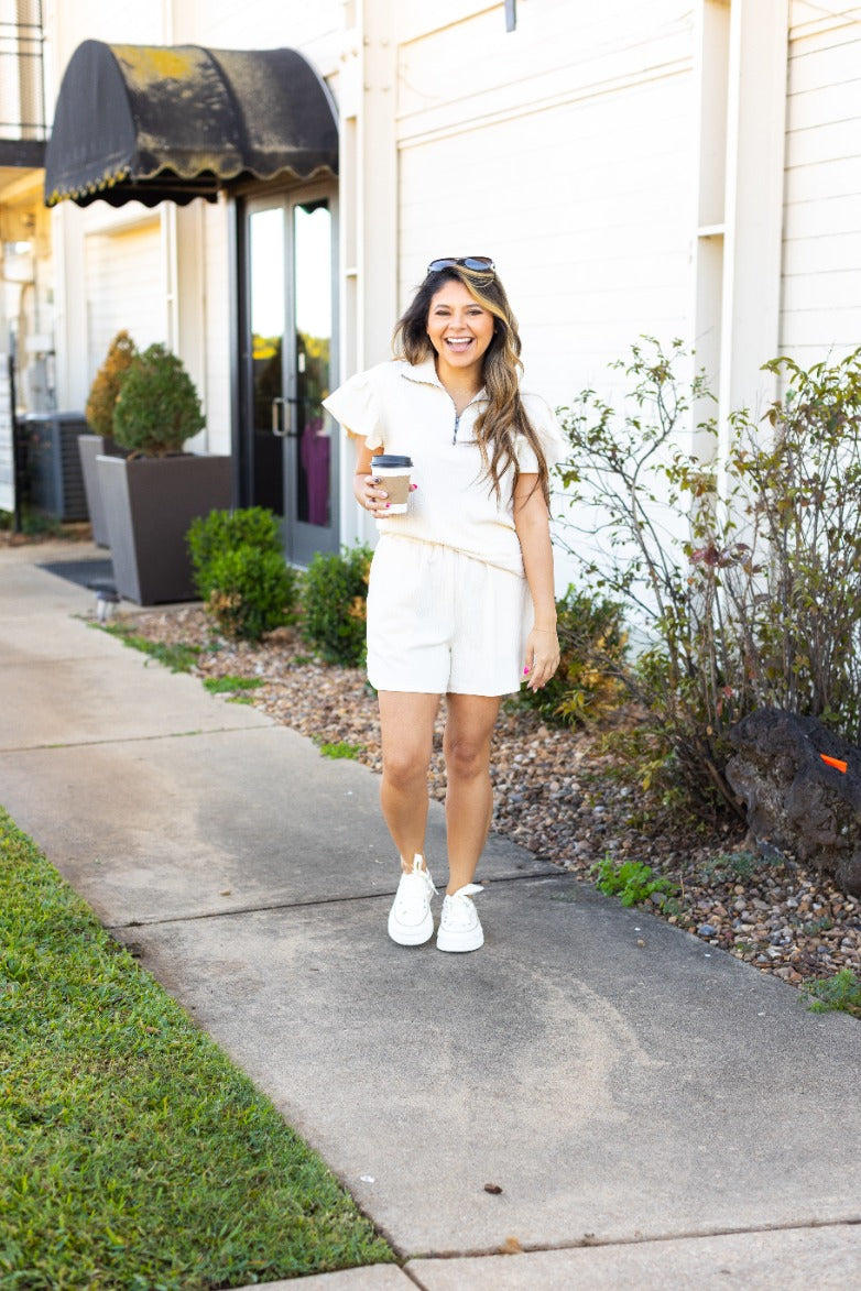 Ivory Quarter Zip with Flutter Sleeves