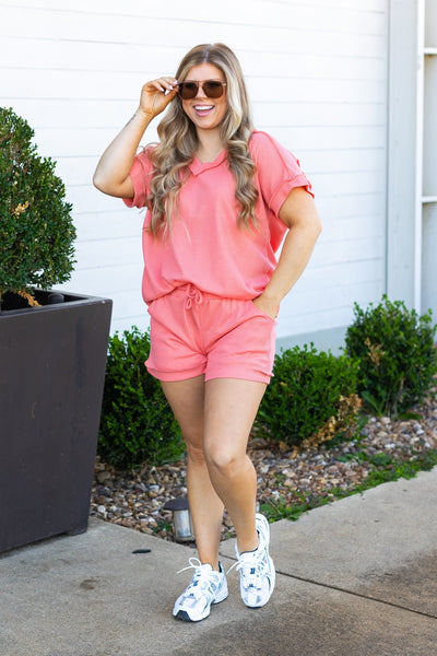 Coral Waffe Knit Shorts