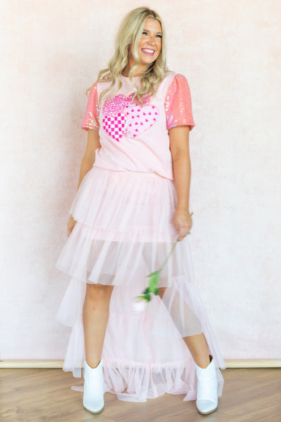 Pink Tulle Ruffled High-Low Skirt