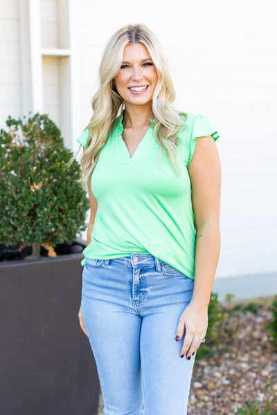 The Nicole V-Neck Top, Lime Green