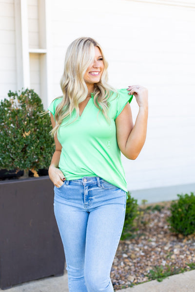 The Nicole V-Neck Top, Lime Green