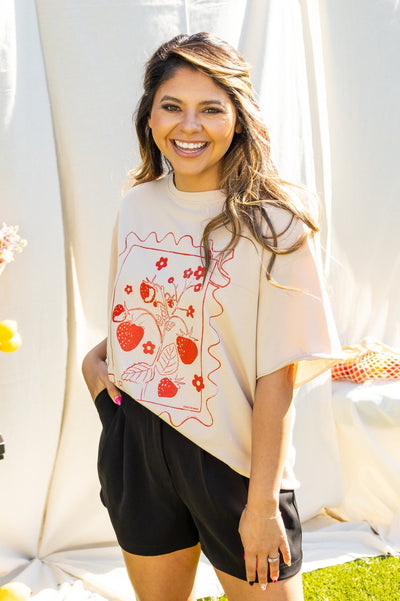 Strawberry Stamp On Beige Relaxed Fit Tee