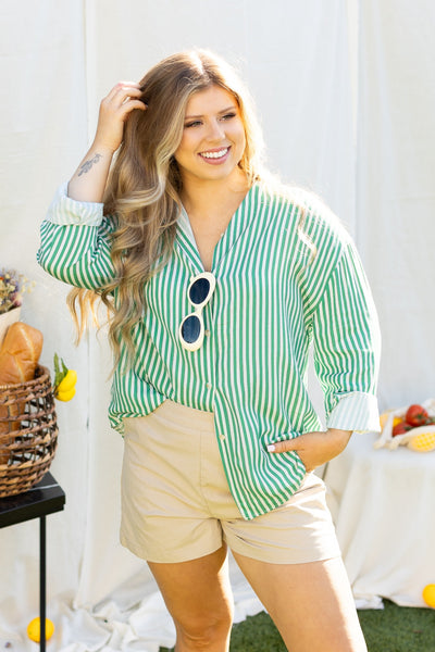 The Kathryn Button-Up, Striped Green