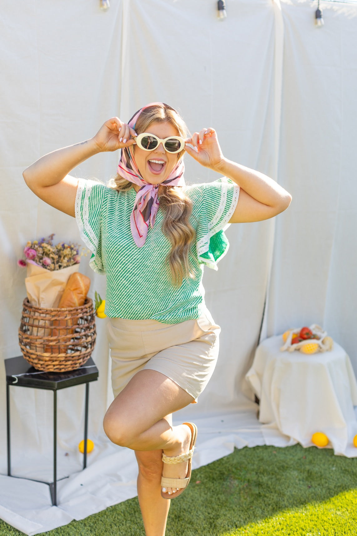 Green Knit Top Lace Trim