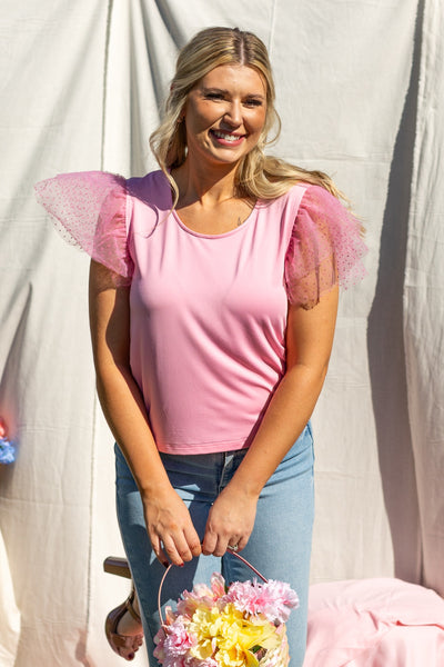 Tulle Sleeve Top, Pink