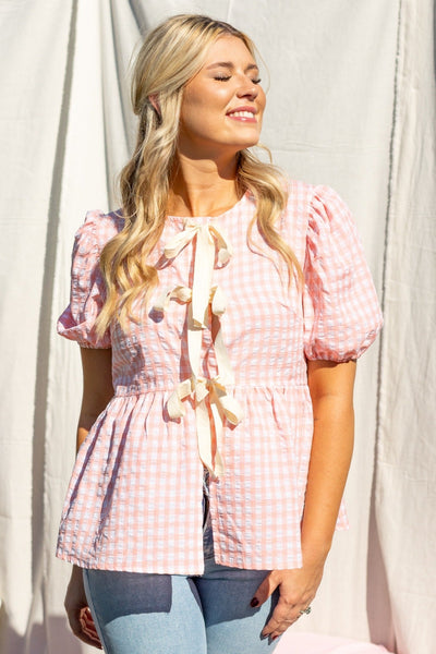 Gingham Blouse With Bows, Pink