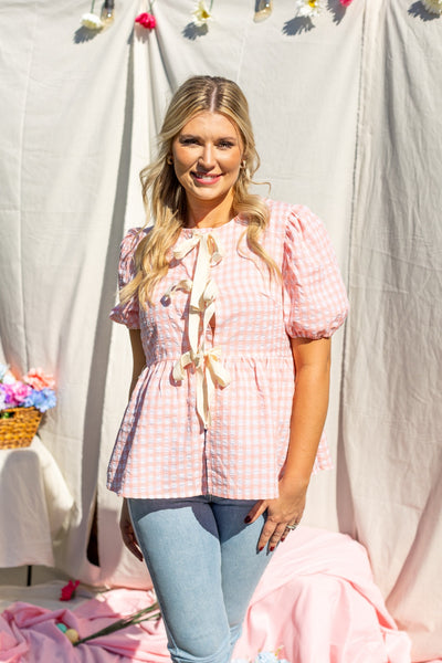 Gingham Blouse With Bows, Pink