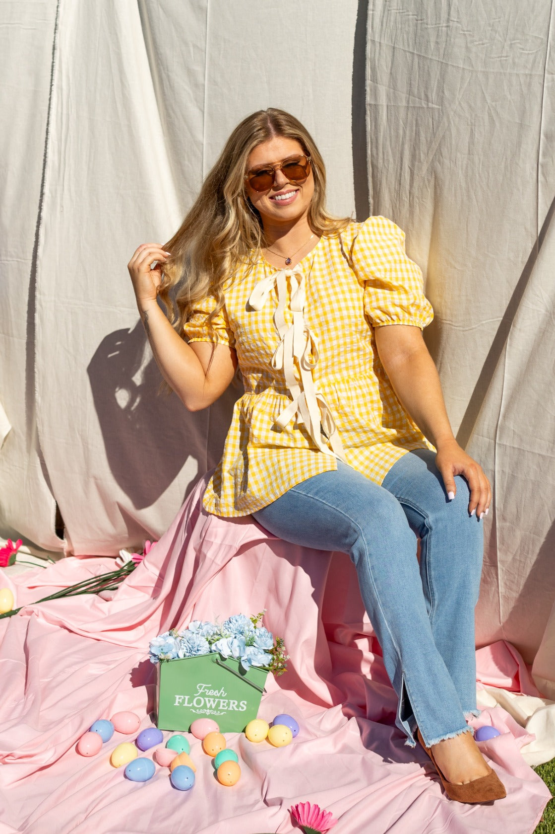 Gingham Blouse With Bows, Yellow