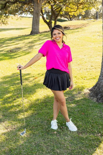 Rib Knit Polo Top, Hot Pink