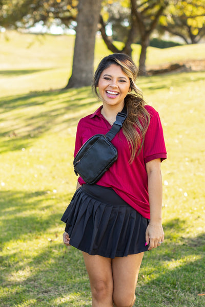 Rib Knit Polo Top, Maroon