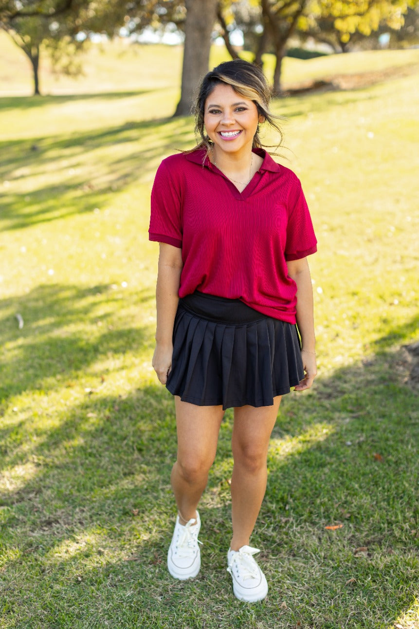 Rib Knit Polo Top, Maroon