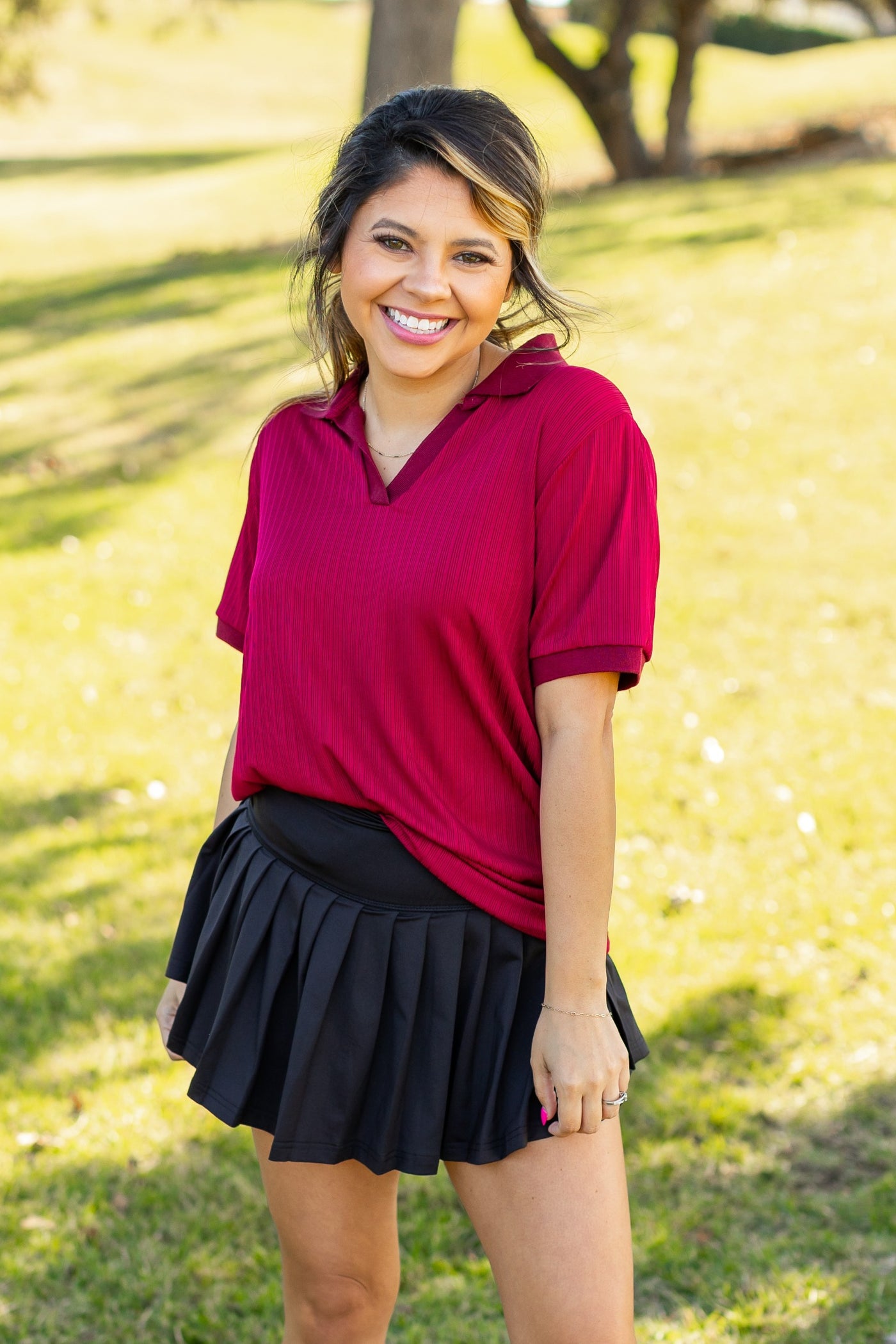 Rib Knit Polo Top, Maroon