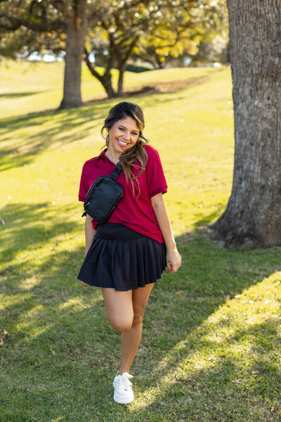 Rib Knit Polo Top, Maroon