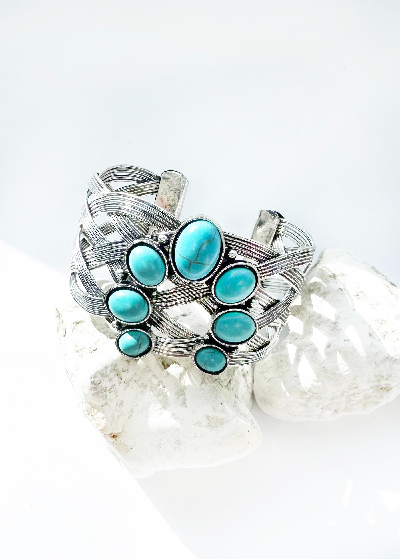 Silver Cuff Bracelet with Turquoise Squash Blossom