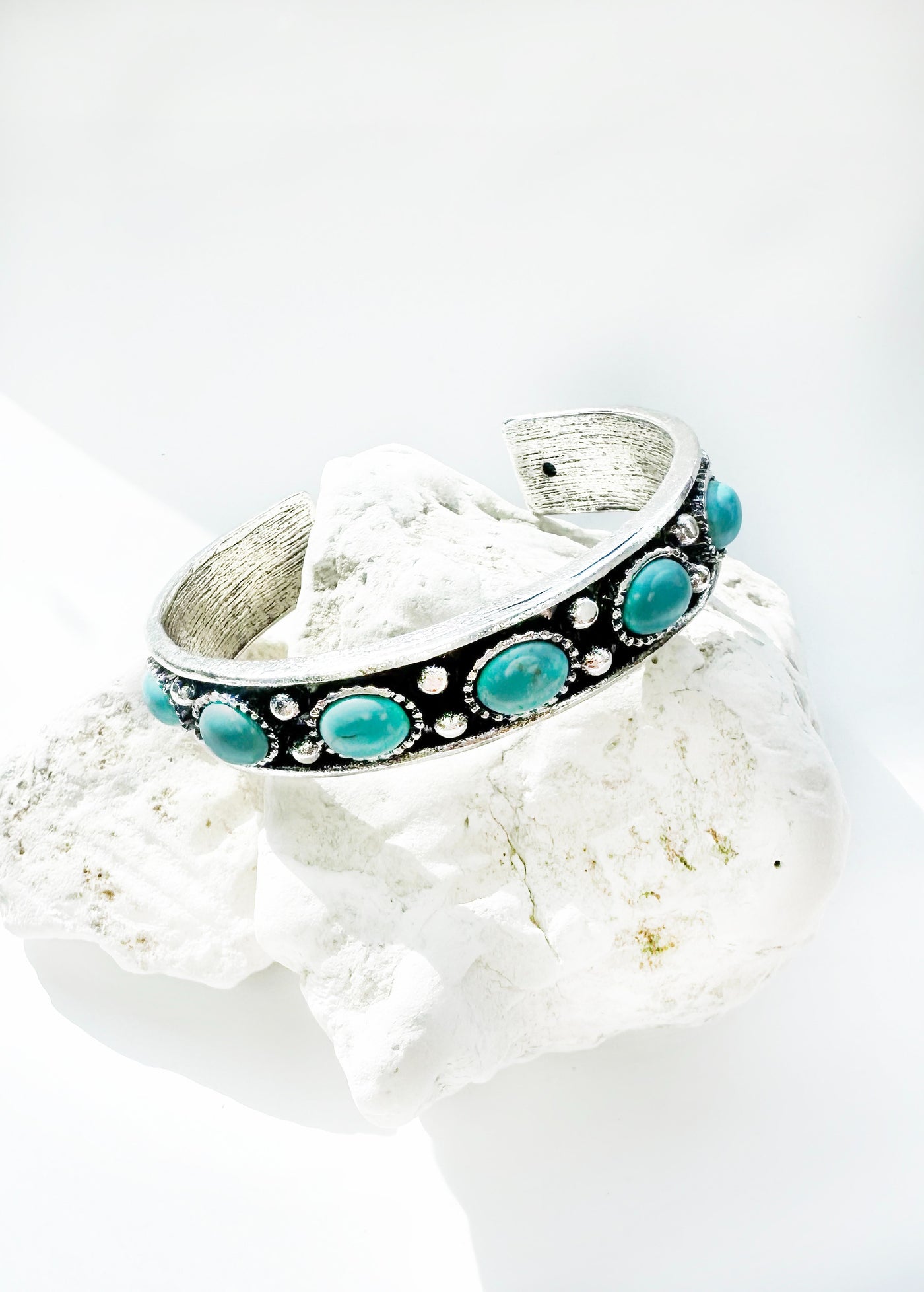 Tooled Silver Cuff Bracelet with Small Turquoise Stones
