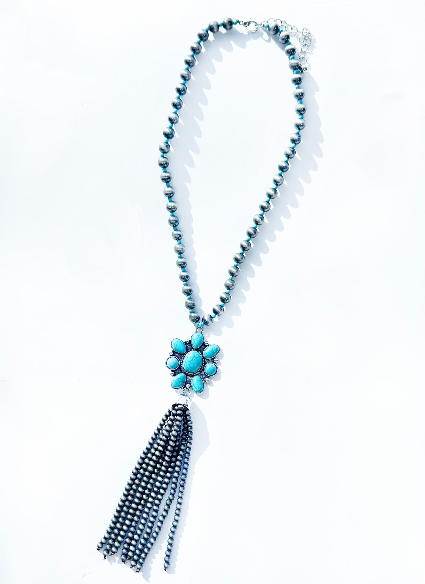 Silver Necklace with Turquoise and Beaded Fringe Pendant