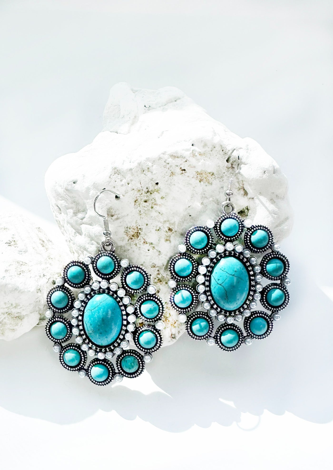 Turquoise Concho Earrings with Pearl Accents