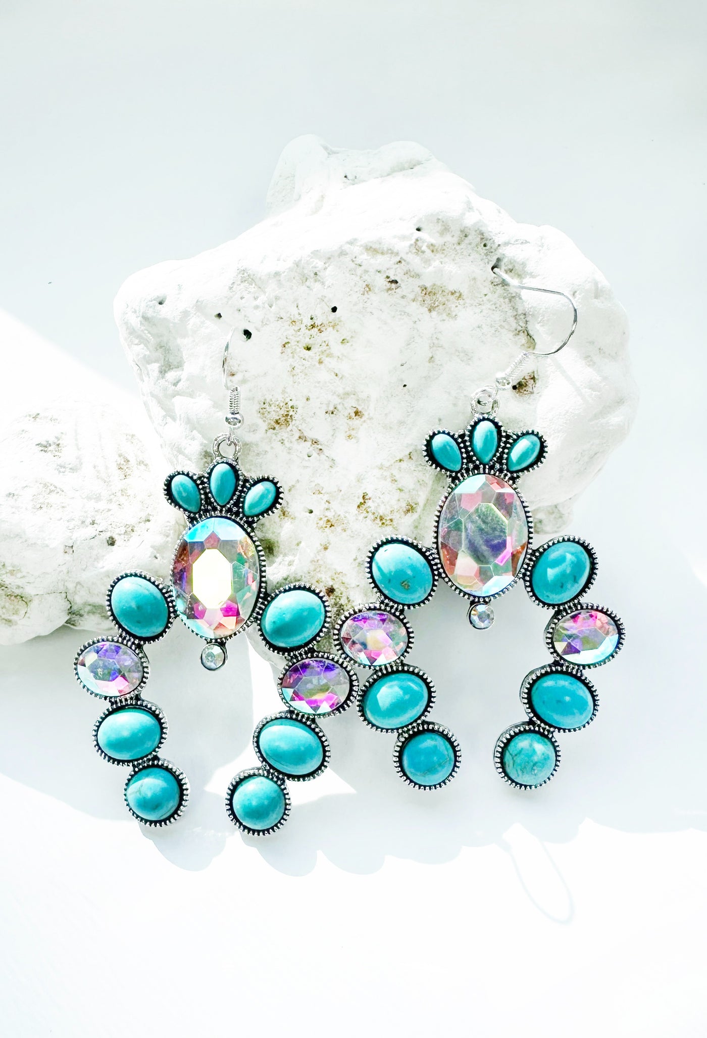 Turquoise and AB Squash Blossom Earrings