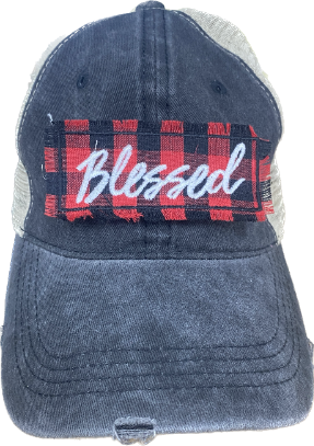 Buffalo Plaid Blessed Patch on Charcoal Hat with Beige Mesh