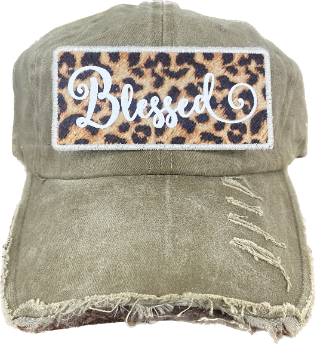 Blessed Leopard Patch on Distressed Bright Olive Hat