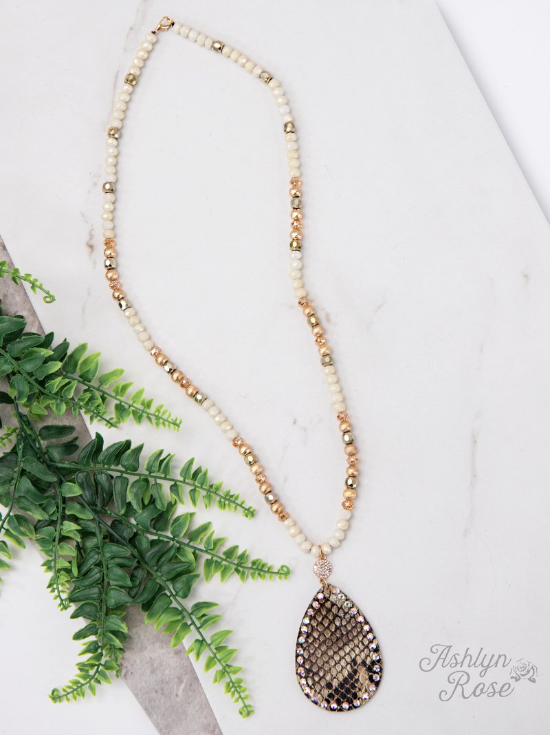 Going Wild Pendant & Druzy Beaded Necklace, Brown Snake