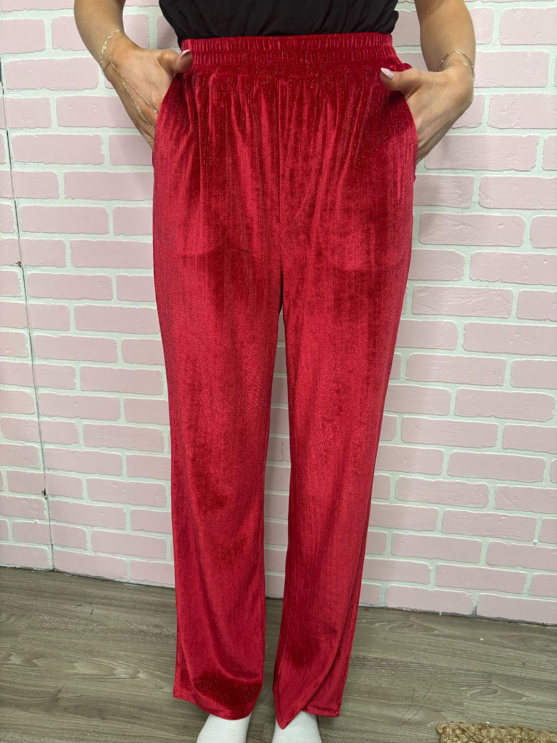 Velvet Straight-Leg Pants, Red