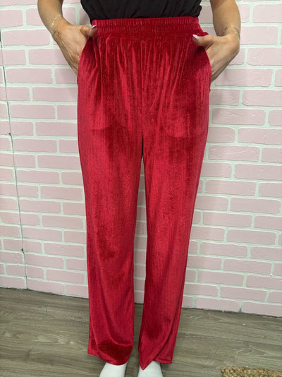Velvet Straight-Leg Pants, Red