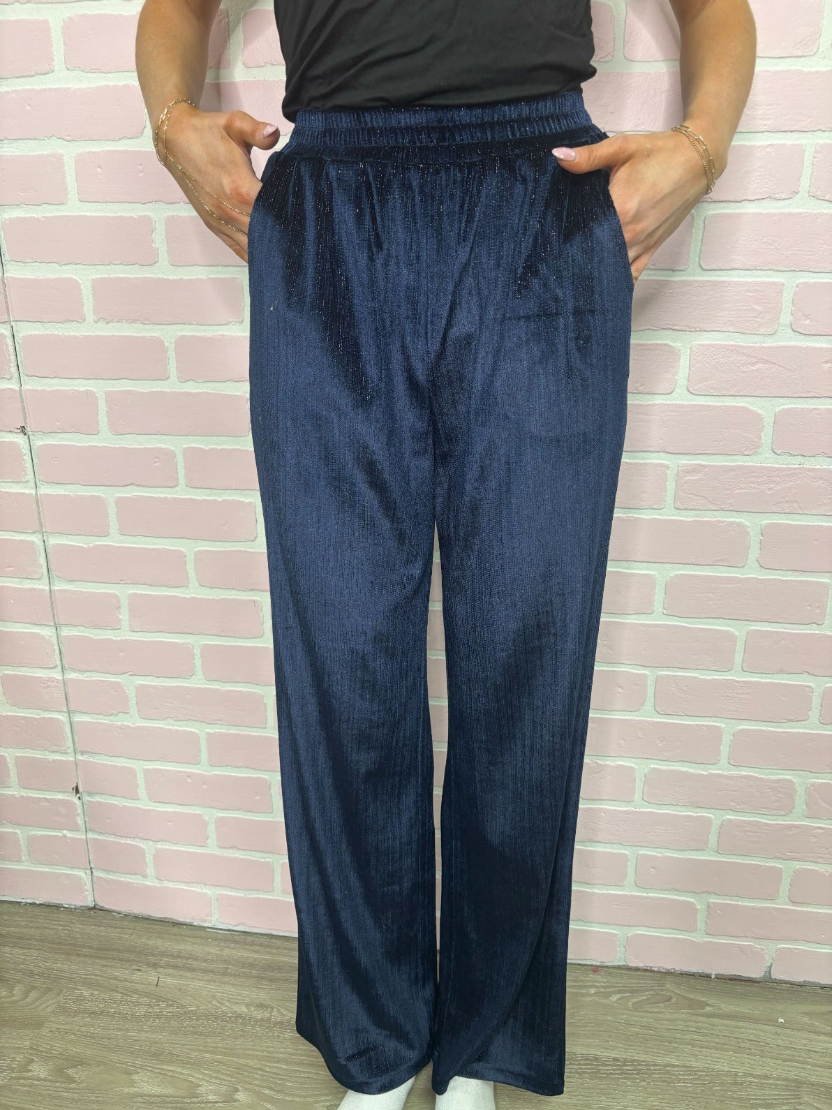 Velvet Straight-Leg Pants, Navy