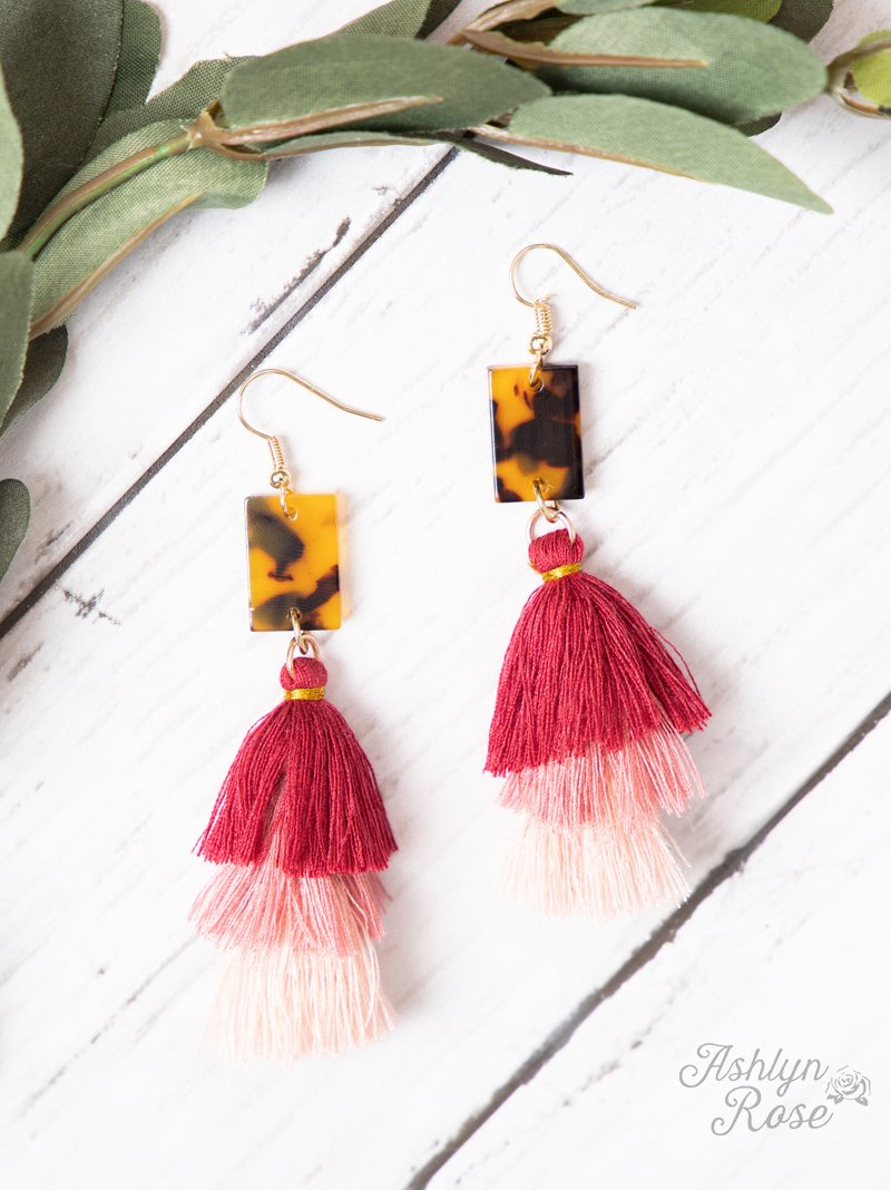 Beyond Precision Tassel Earrings with Leopard Marble. Dark Red