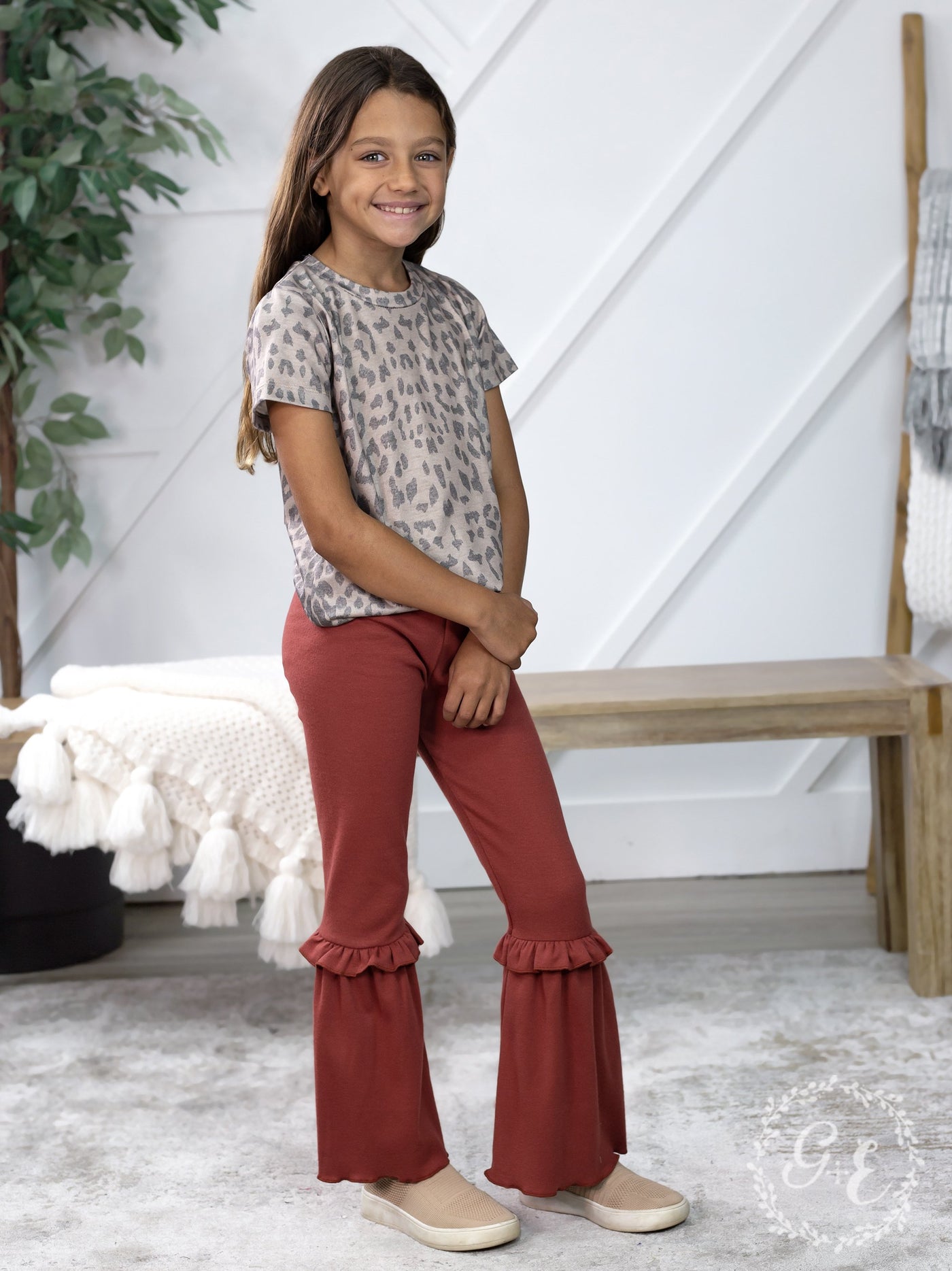 Girls Ruffle My Feathers Flare Pants with Ruffle, Mauve