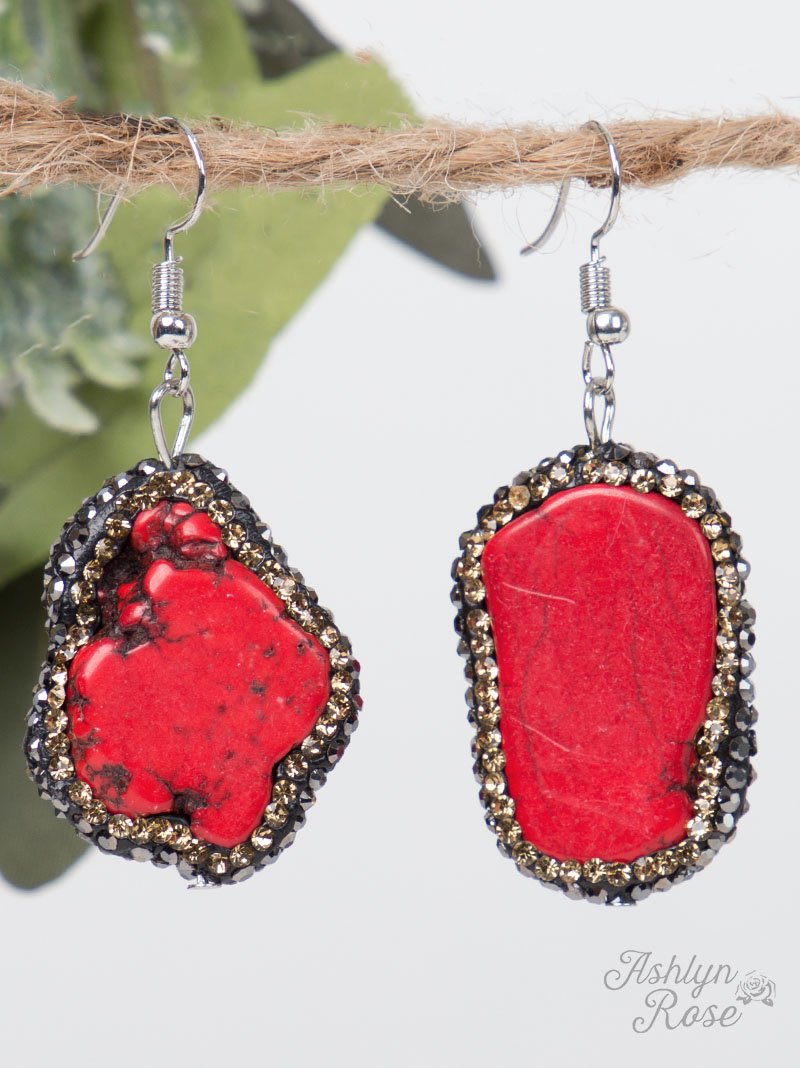 Ready to Rock Red Stone Drop Earrings with Honey Crystal Accents, Silver