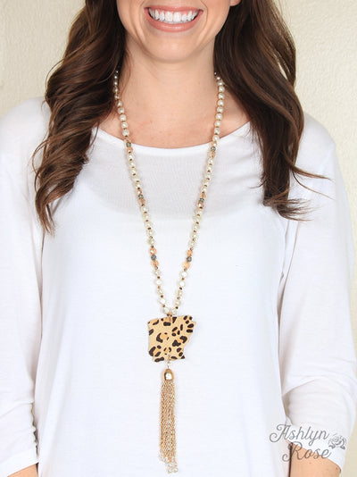 Leopard Hide Arkansas Necklace with Gold Chain Tassel
