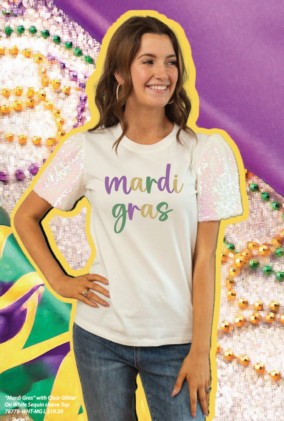 Mardi Gras Sequins Puff Sleeve Top, White