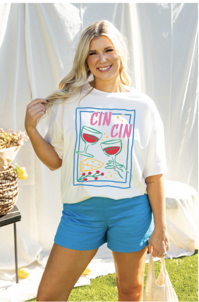 Cin Cin on White Tee Shirt