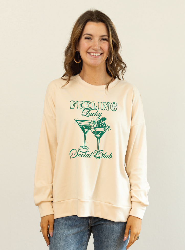 Feeling Lucky on Micro Fleece Crewneck, Ivory