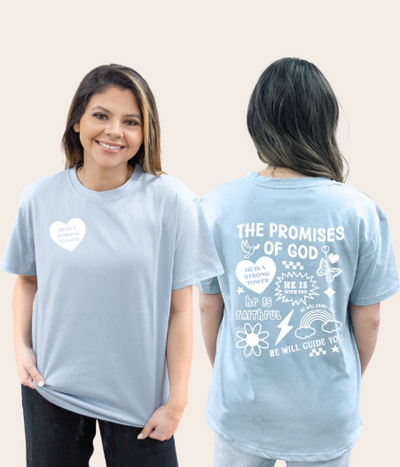 Promises of God on Grey Blue Tee Shirt