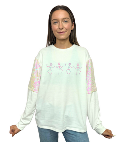 Dancing Skeleton on Sequins Sweatshirt, White