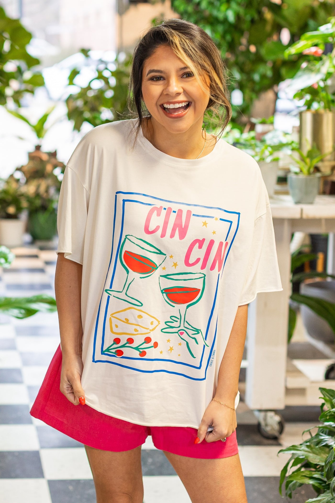 Cin Cin on White Tee Shirt