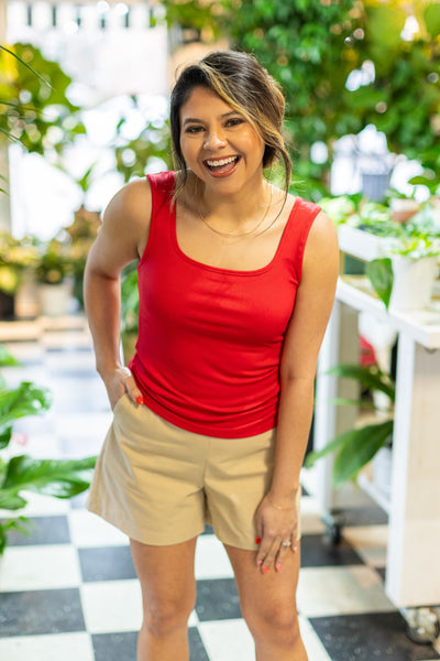Bella Square Neck Rib Knit Tank Top, Red