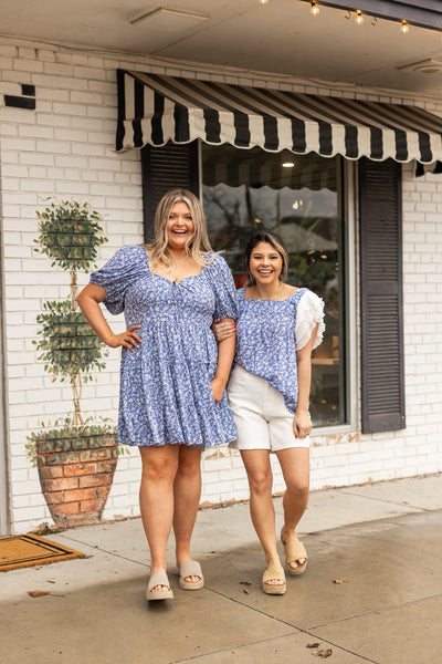 Blue Floral Blouse Ruffle Sleeve