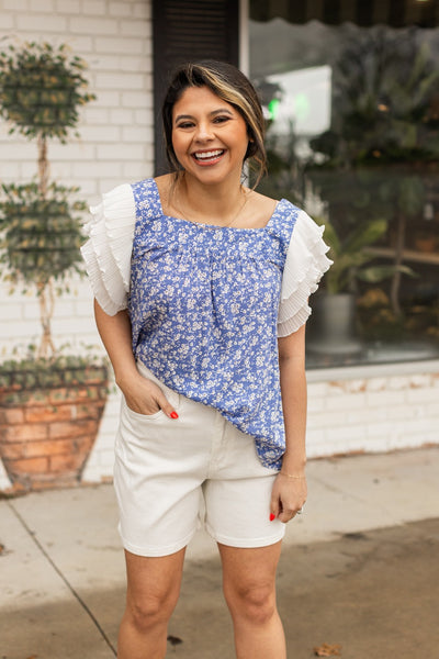 Blue Floral Blouse Ruffle Sleeve