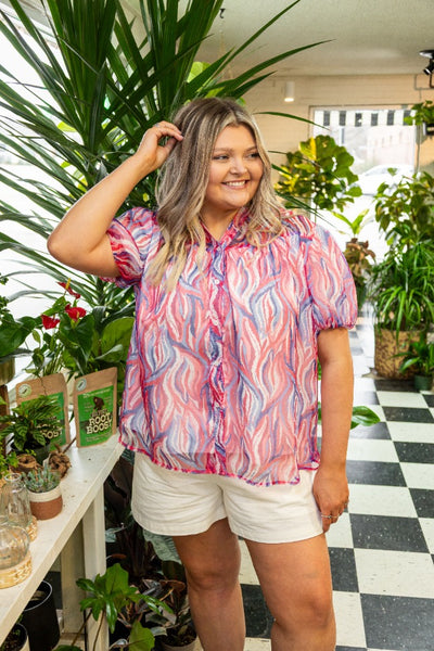 Abstract Stripe Puff Sleeve Blouse