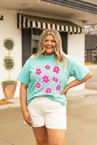 Checkered Flowers On Turquoise Relaxed Fit Tee