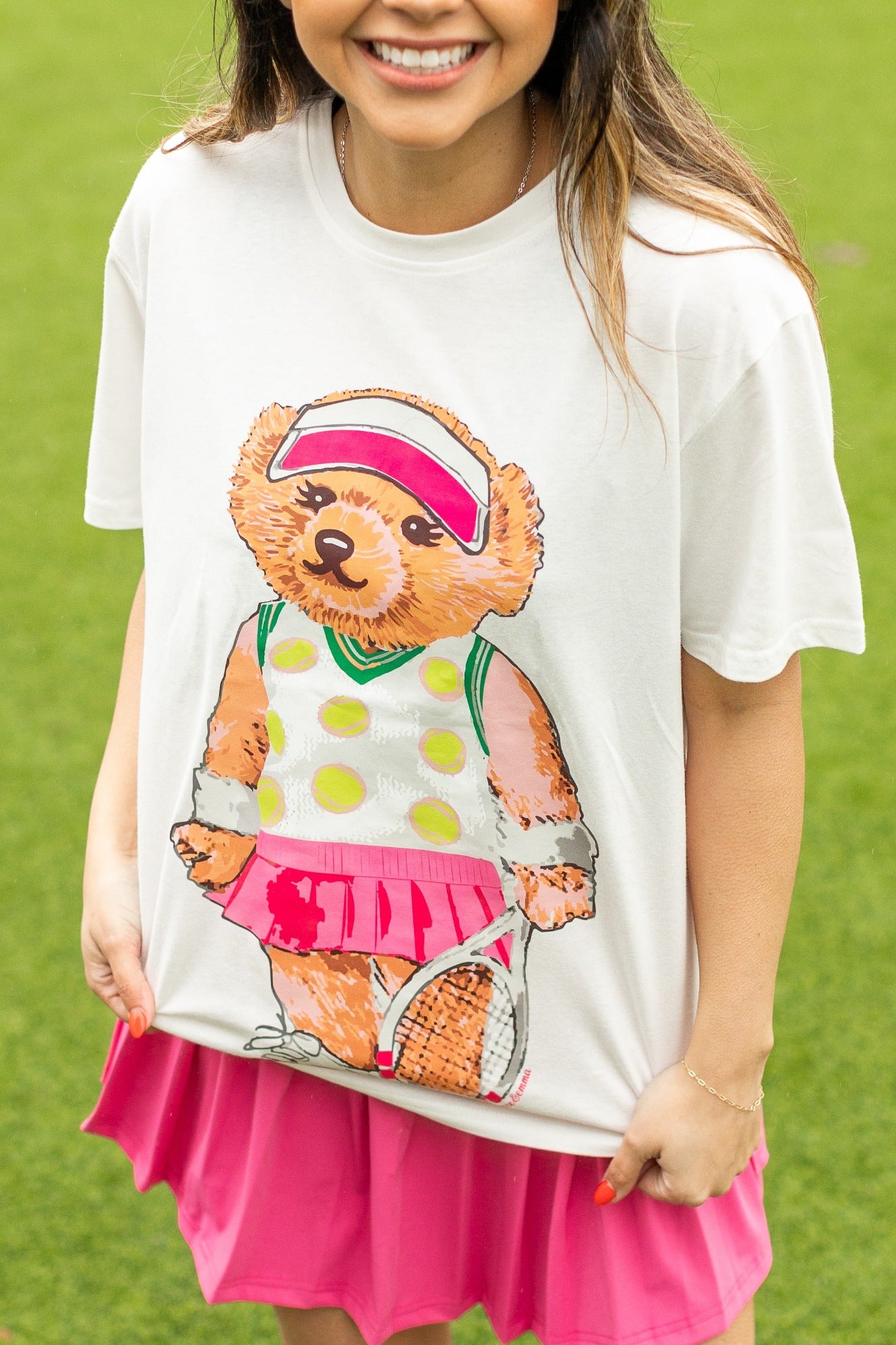 Tennis Teddy on White Tee Shirt