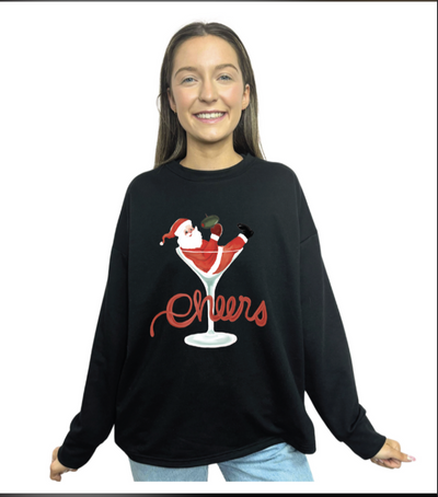 Cheers Santa on Light Weight Crewneck, Black