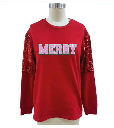 Merry on Light Weight Sequins Crewneck, Red