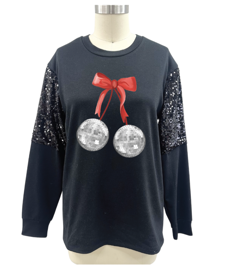 Disco Ball with Bow on Light Weight Sequins Crewneck, Black